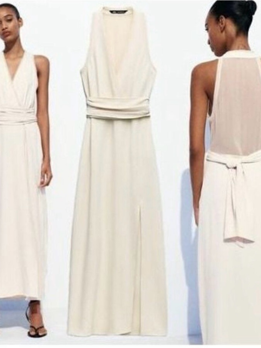 Zara Cream Halter Maxi Dress with Sheer Back